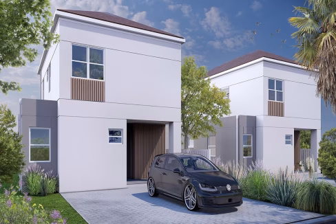 The Residences at Coverley, Oasis is a spacious 4-bedroom, 3-bathroom home with open-plan living, a large patio, fenced backyard, garden, and modern finishes.