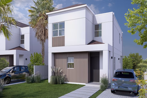Evergreen is a 3-bedroom, 2.5-bathroom home with open-plan living, modern kitchen, master suite, large patio, fenced backyard, and landscaped gardens.