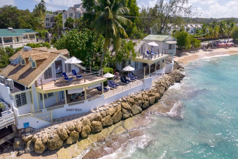 Aerial view of Sunset Reach beachfront villa north of Mullins Beach